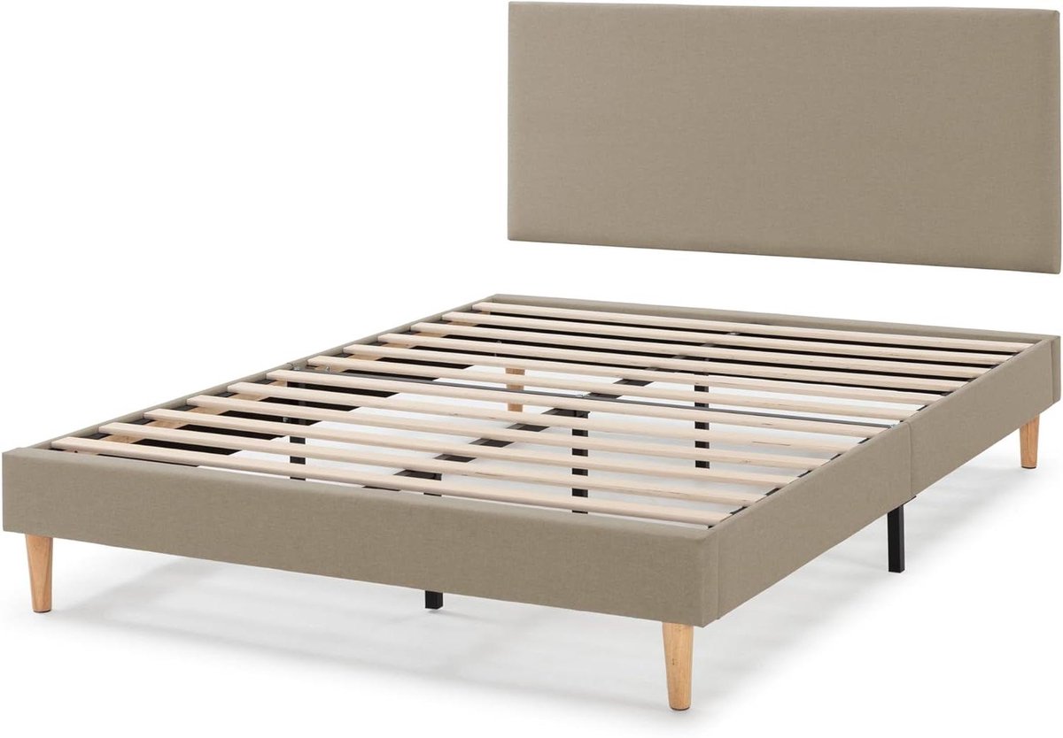 Bedombouw met hoofdbord - Gestoffeerd frame - Slaapcomfort creëren - Houten lattenbodem - 160 x 200 cm - Beige