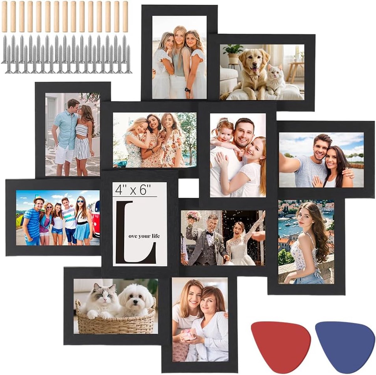 Fotolijst met 12 vakken, set fotolijsten 10 x 15 cm, rechthoekige, collage decoratie, glazen panelen voor aan de muur, fotocollage, fotogalerij, galerij van muurdecoraties