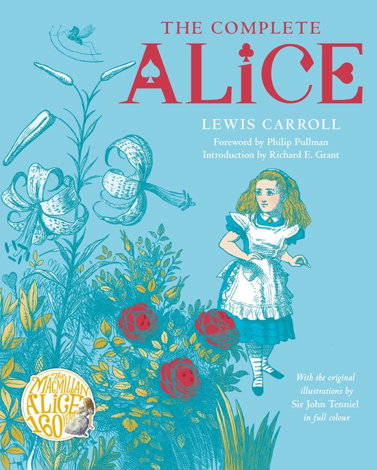 De omslag van 'The Complete Alice' van Lewis Carroll met een illustratie van Alice, bloemen en een libel.