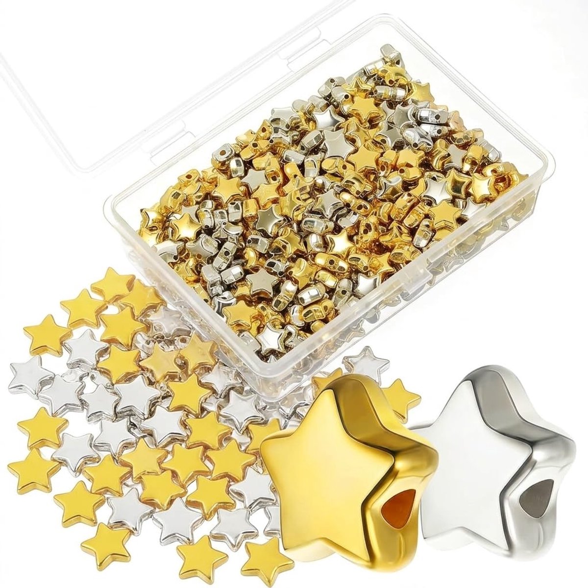 Kralen, 8 mm, stervorm, spacer-kralen, pentagramgat, spacer-kralen, entagram, tussenkralen, voor het maken van sieraden, knutselen, doe-het-zelf (goud, zilver)