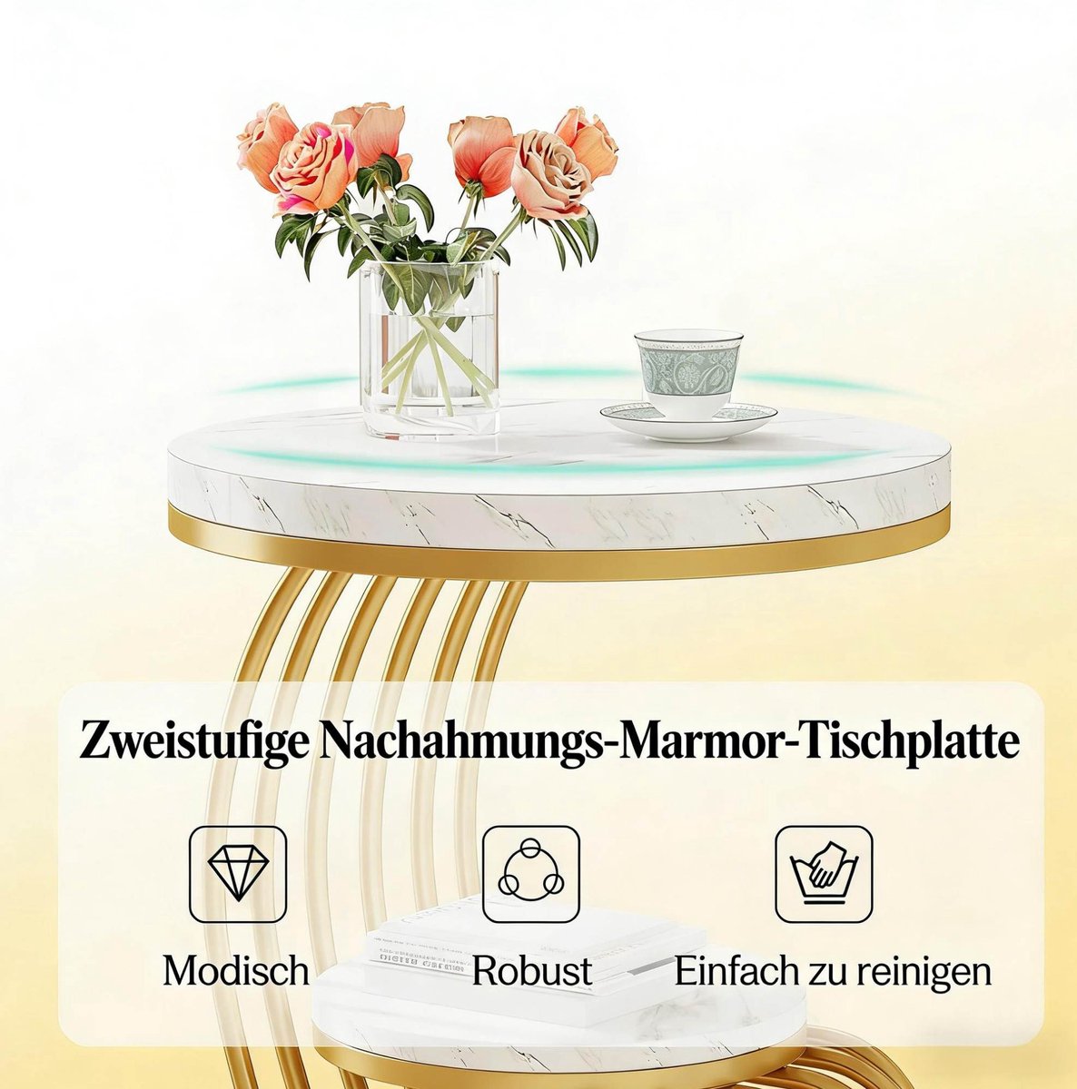 HAUSS SPOLE Bijzettafel - Rond 2-Laags Design Met Opbergrek - Voor Woonkamer Hal En Slaapkamer - Marmerlook En Metaal - 50x50x63 Cm - Goud Wit