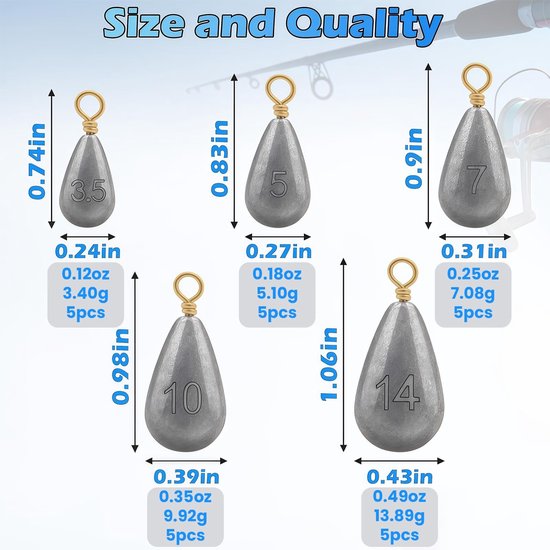 Angelset 25 Stuks - Swivel - Drop Shot Gewichten - Bass Casting Gewichten - Meervalvissen - Zout- en Zoetwater - Visgewichten — afbeelding 2