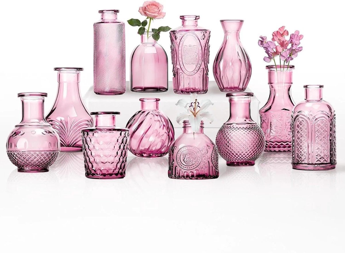 Dailygoods- Knopvaas Set van 12 - Roze Glazen Vazen - Vintage Stijl - Structuurpatroon - Decoratie voor Bloemen - Tijdloze Elegantie - Vaas