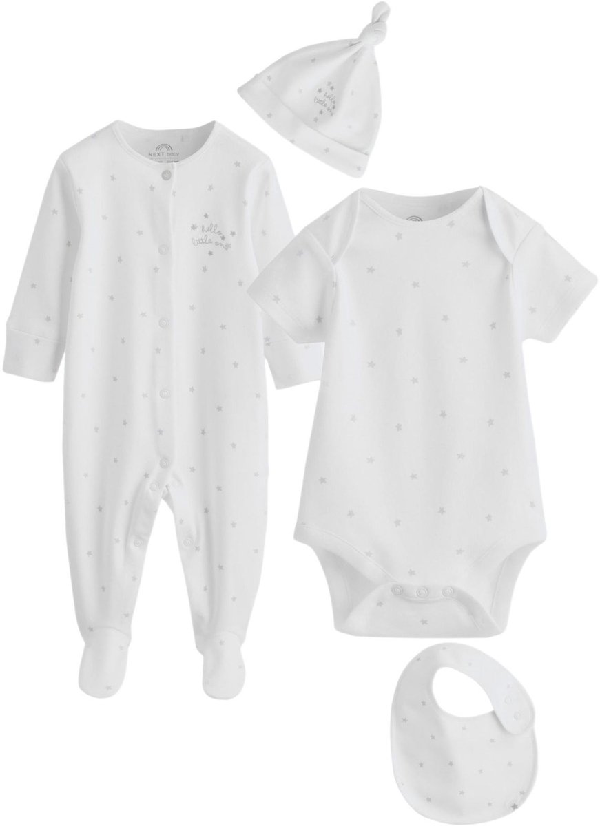 Next - Jongens - 4-delige set van babypyjama, rompertje, mutsje en slabbetje - Wit