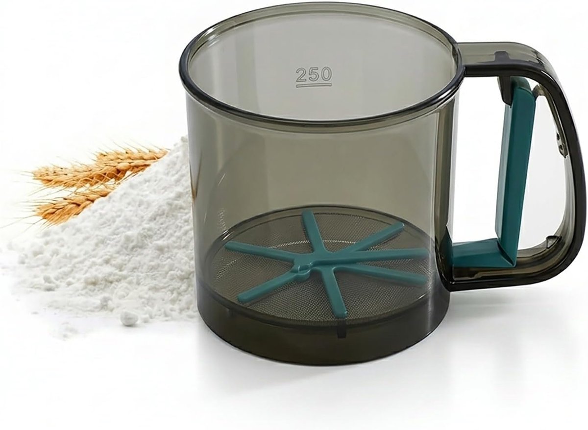Meelzeef met handvat, poedersuikerstrooier met schaal, poedersuikermolen, meelstrooier - dubbele zeef voor de keuken voor amandelmeel, cacaopoeder (eenvoudig)