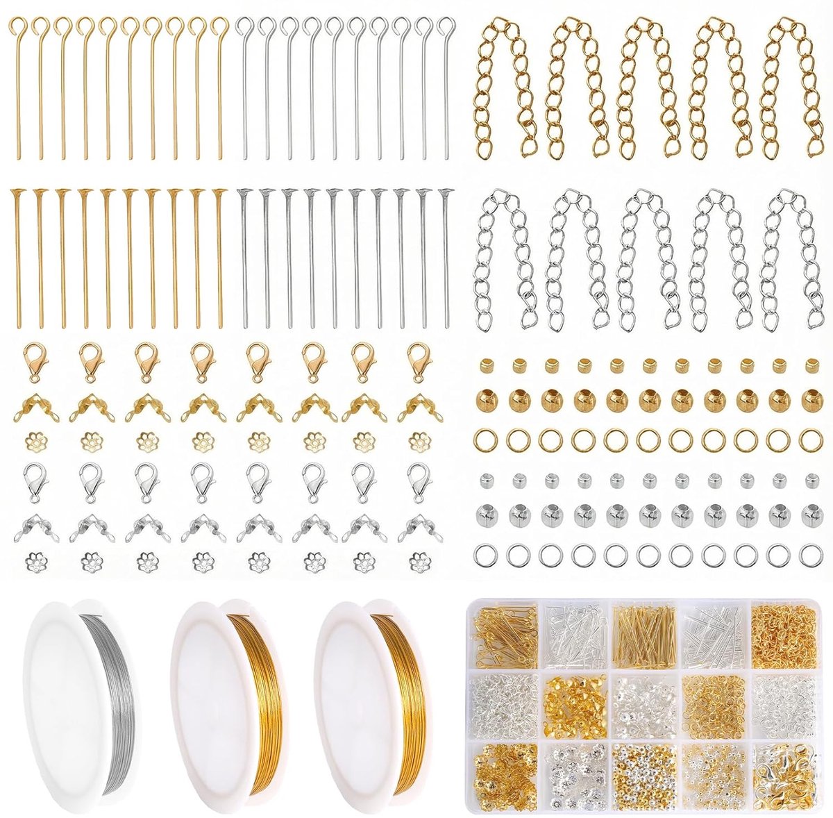 1260 stuks kralenset met 3 rollen sieradendraad (zilver en 2 goud) - 54 m totale lengte 18 m/0,5 mm, doe-het-zelf sieraden knutselen kralen en accessoires maken kit voor armbanden kettingen