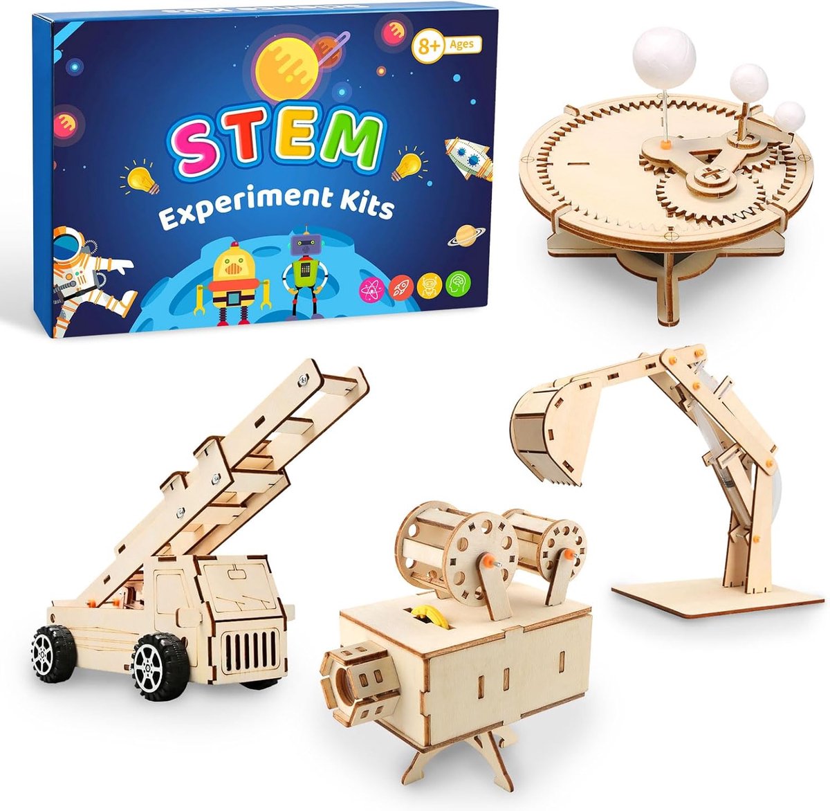 Experimenten voor kinderen, 4 stuks, elektronische bouwset, doe-het-zelf, STEM speelgoed, houten wetenschapsbouwset, 3D-puzzel, gebouw, experimenteerdoos, cadeau voor jongens, meisjes, jongeren