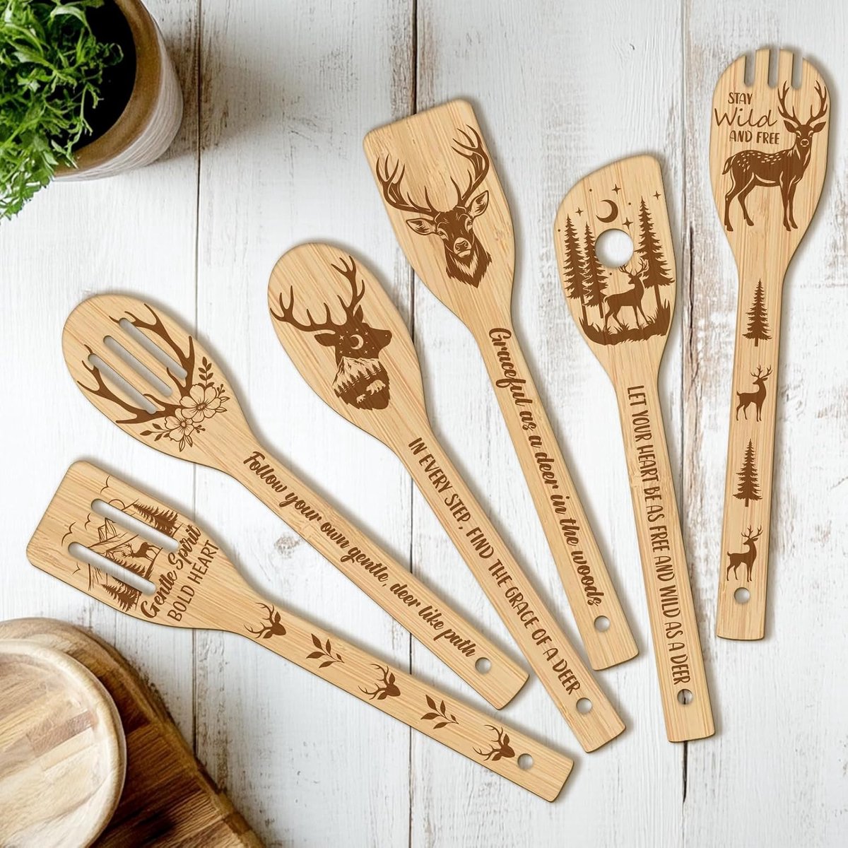 6-delige houten keukengerei, keukengerei, kookgerei, spatel, vaatwasmachinebestendig, kooklepel van bamboe, uniek housewarmingscadeau voor vrouwen