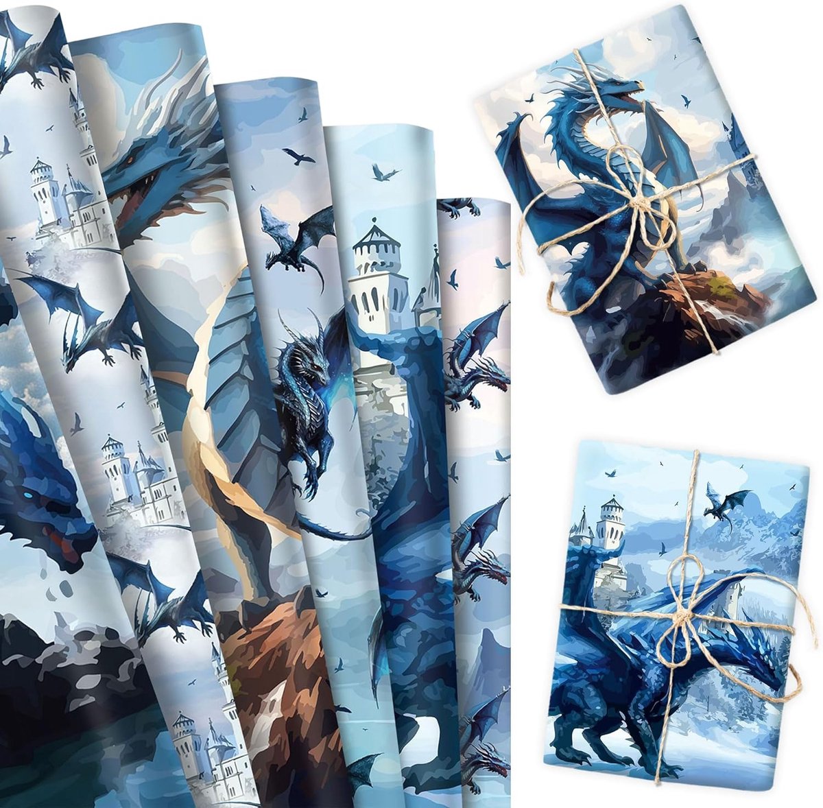 Cadeaupapier renaissancekasteel cadeaupapier woestijn | 12 vellen drakenfantasie cadeaupapier renaissancekasteel cadeaupapier woestijn diy knutselcadeau voor verjaardagsfeest