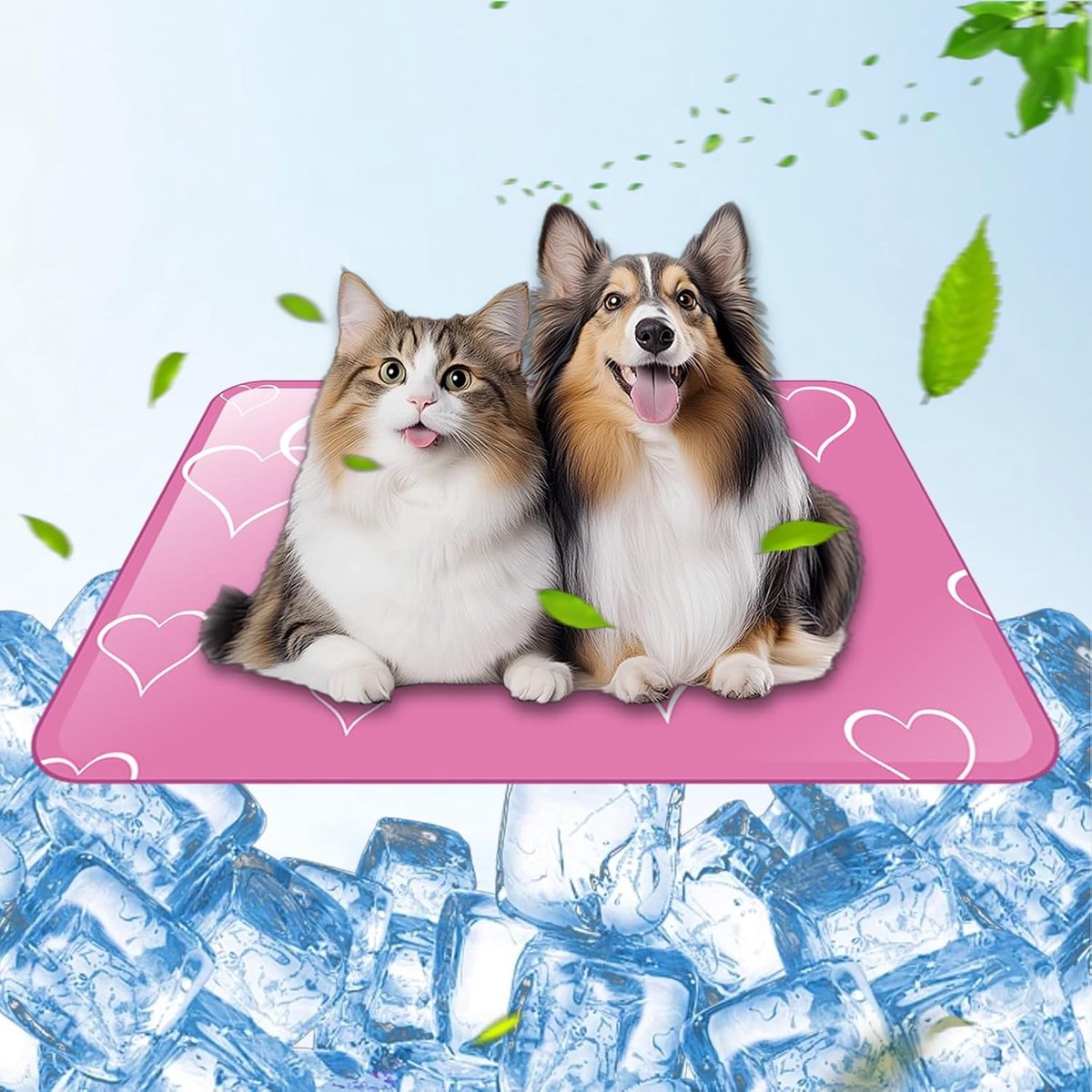 Koelmat voor honden, 40 x 50 cm, koelmat voor honden, katten, roze, met hartpatroon, wasbare koeldeken voor honden, met zelfkoelend, niet-giftige gel, koelmat kat, hondenkoelmat voor binnen, buiten en