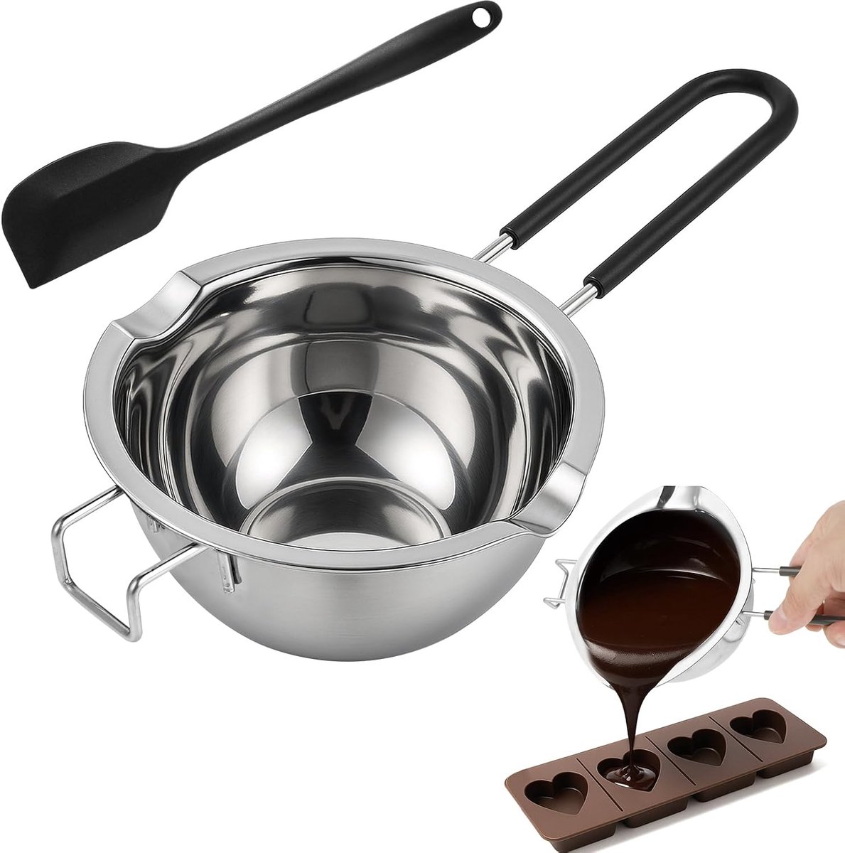 RVS 304 met Hittebestendig Handvat en Spatel - 400ml Smeltkom voor Chocolade, Kaarsen, Was, Suiker, Kaas & Karamel (Au Bain-Marie Geschikt)​