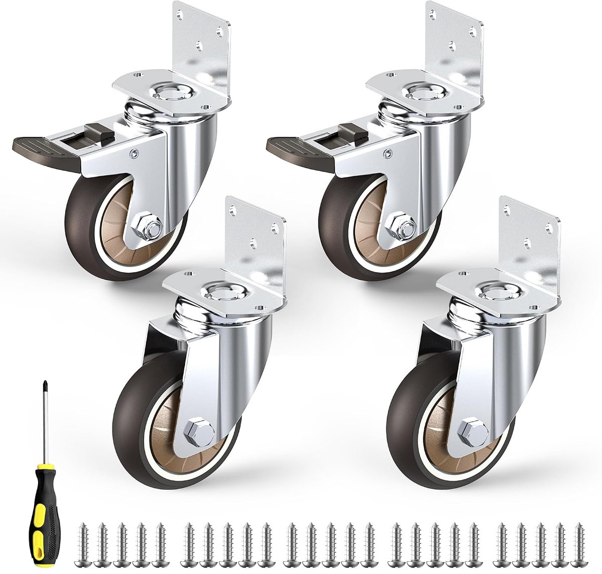75 mm meubelwielen met dikke L-montageplaat, zware zwenkwielen die 300 kg kunnen dragen, wielen voor meubels met 2 remmen en 2 zonder, ideale zwenkwielen voor bloemstandaards, babybedjes