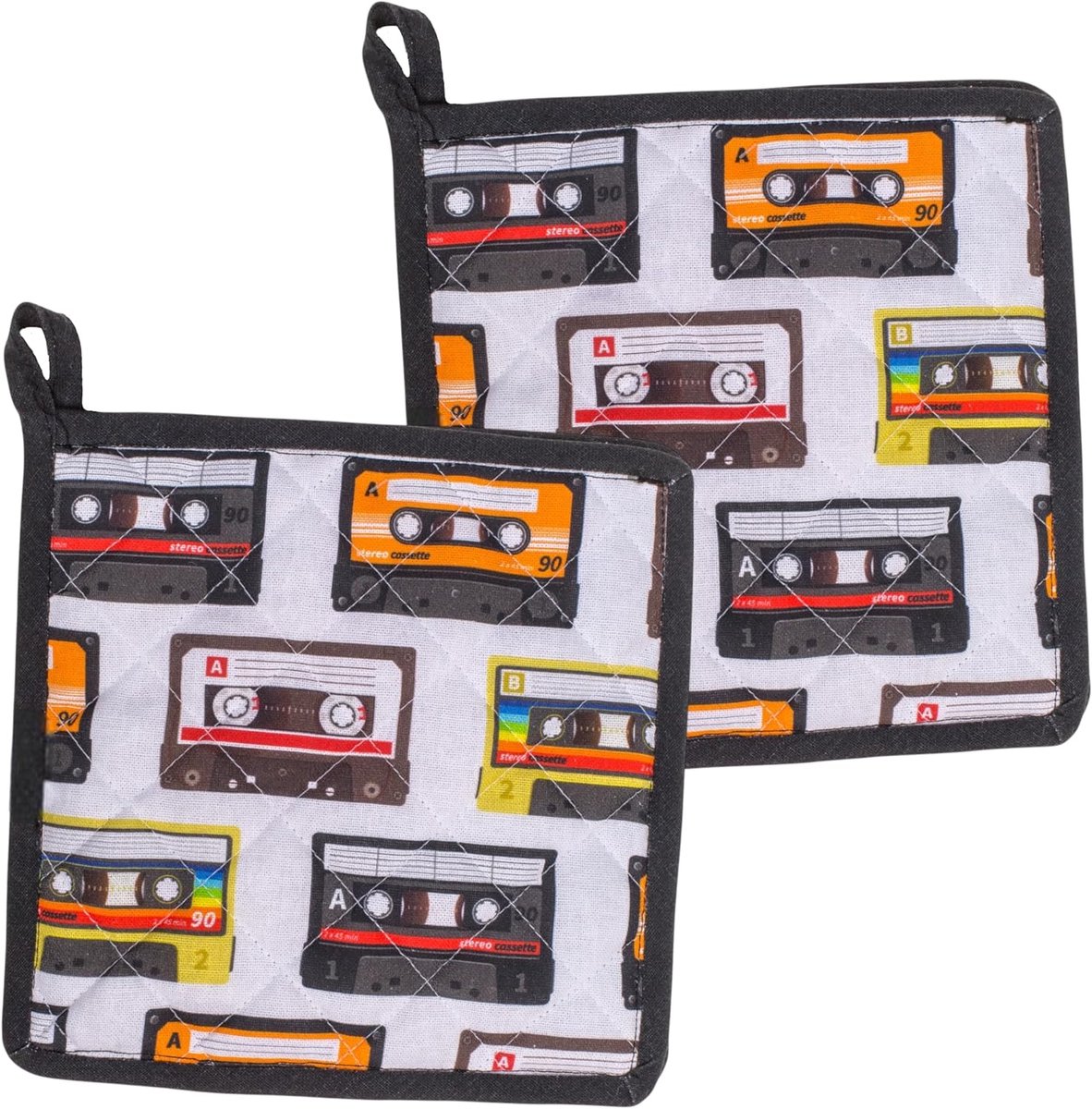 Ovenwant of pannenlap – retro design voor stijlvol koken – hoogwaardig katoen met digitale print (cassettes, set van 2 pannenlappen, 20 x 20 cm)