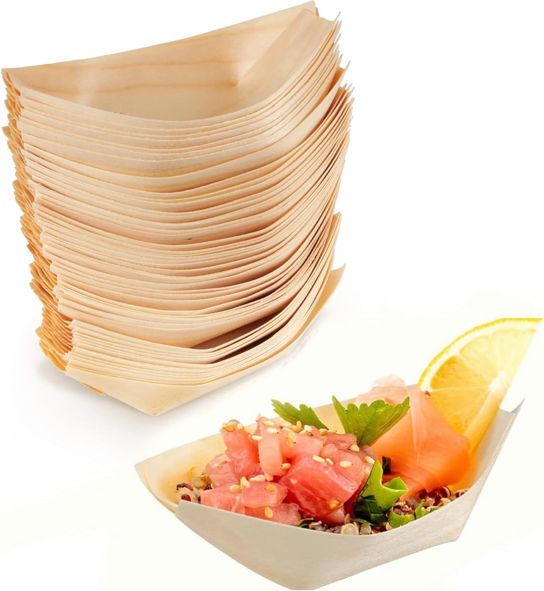 bootborden, 50 stuks houten bootschotels bamboe serveerbladen wegwerp serviesgoed snackkom serveerschaal voor fingerfood currywurst friet sushi 18 cm