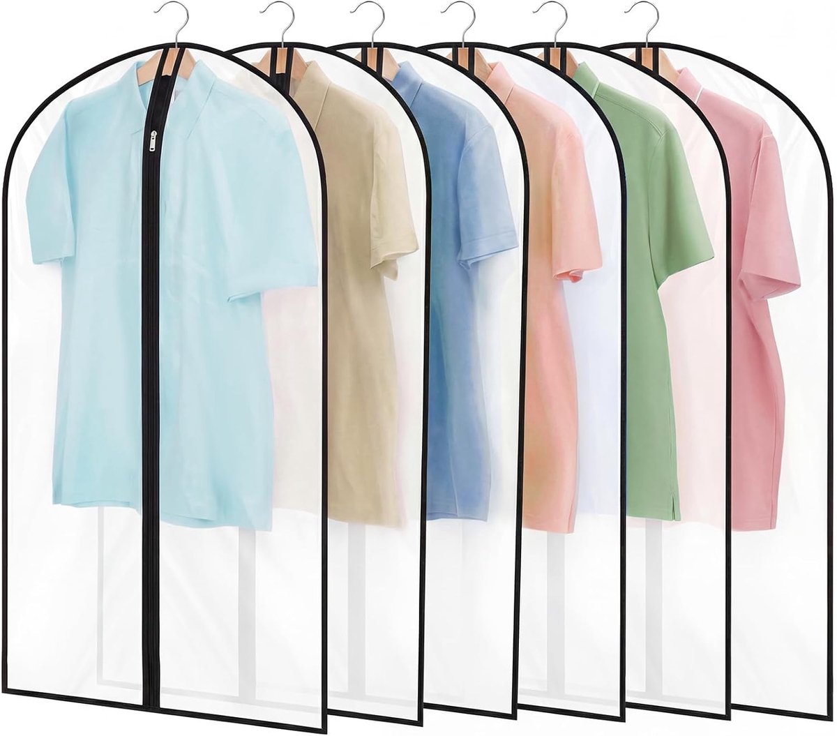 Kledingzakken, 6 stuks, 60 x 100 cm, transparant, met ritssluiting | PEVA-materiaal, stof- en vochtwerend, herbruikbaar, voor pakken, overhemden, jassen en mantels