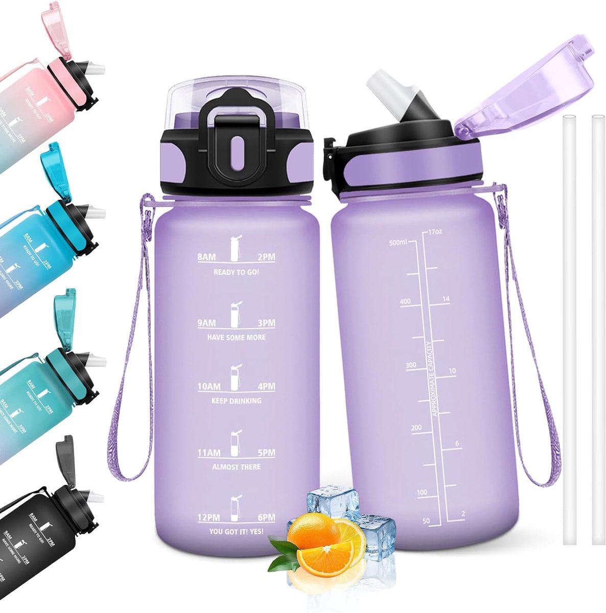 Drinkfles 500 ml, BPA-vrij en lekvrij, drinkfles met rietje, herbruikbare drinkfles voor de basisschool, motiverende drinkfles voor school, fitnessstudio, kantoor, hardlopen