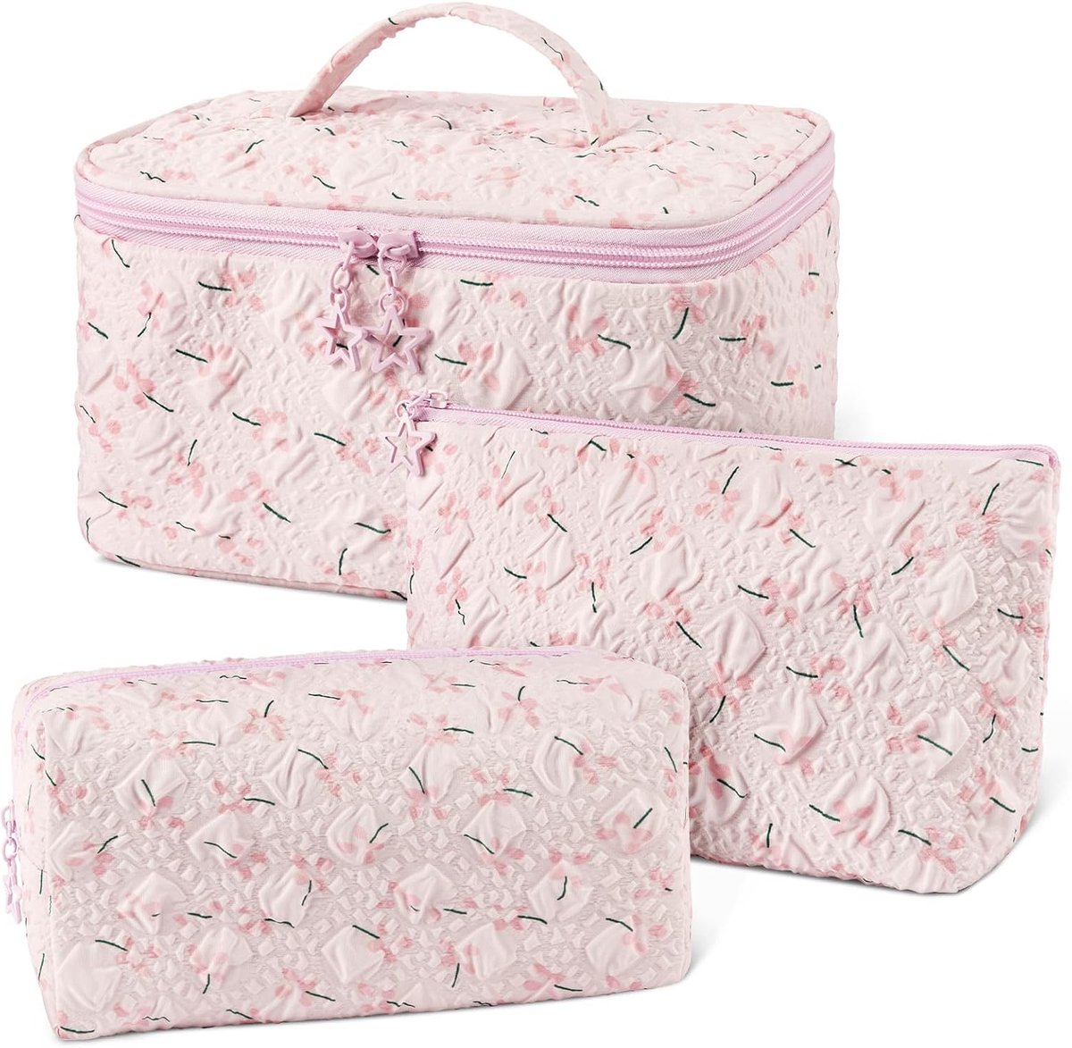 3-delige set reismake-uptas, reismake-uptas set voor dames, cultuurtas met bloemenpatroon, gestikte cultuurtas, draagbare make-uptas voor meisjes en vrouwen, modern
