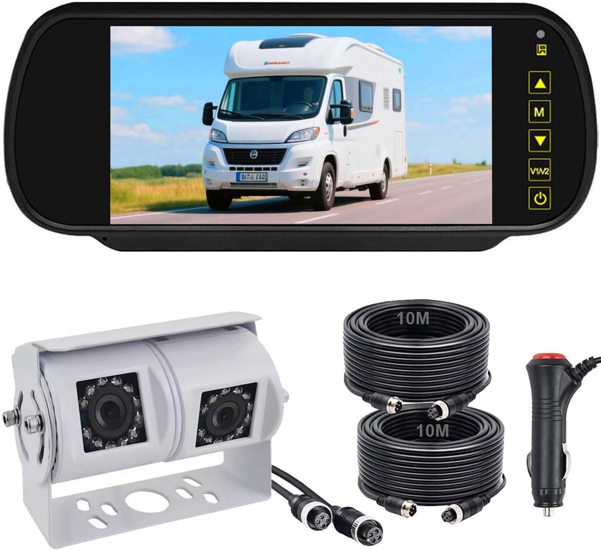 4PIN Witte Dubbele Lens RVs Omkeerkamera met 7 inch achteruitkijkspiegelmonitor, Night Vision Waterdichte Omkeerkamera voor Campervan Truck Caravan 12V-24V