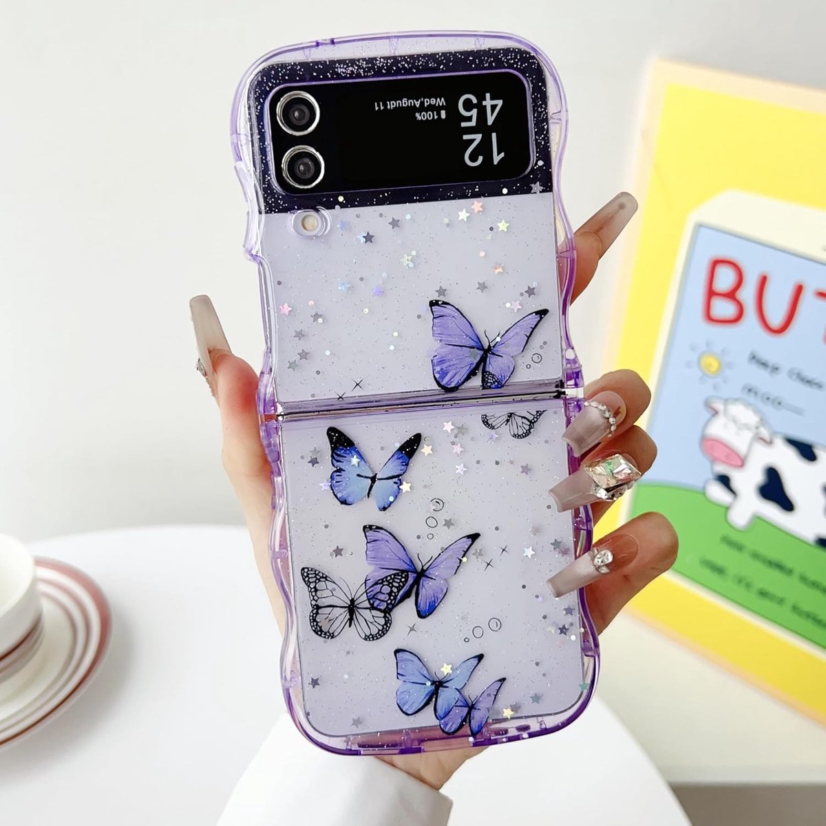Telefoonhoesje met golvende vlinder voor Samsung Galaxy Z Flip 3/Z Flip 4 5G, mooie bling ster, vlinder, schattige glanzende glitter telefoonhoesje voor meisjes, bling, transparant, krullend