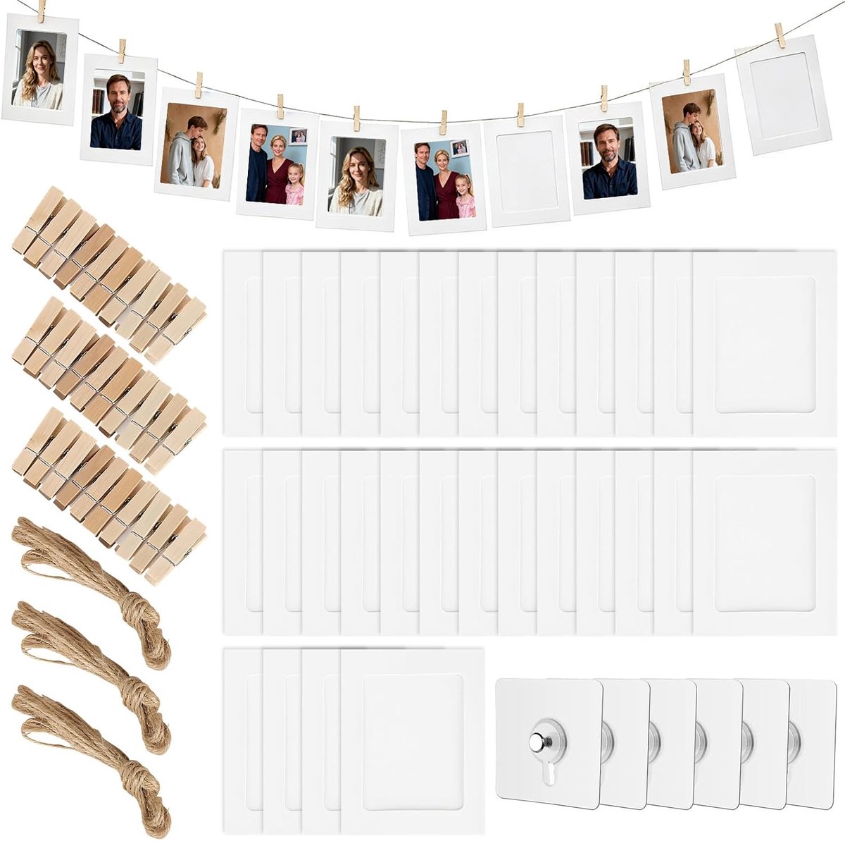 Fotoslinger, 30 stuks fotolijn 12,7 cm fotolijst met 3×2 meter snoer en 30 stuks houten klemmen, 6 stuks fotohaken zonder boren, lichtsnoer met klemmen voor foto's, beelden, collages, ansichtkaarten'