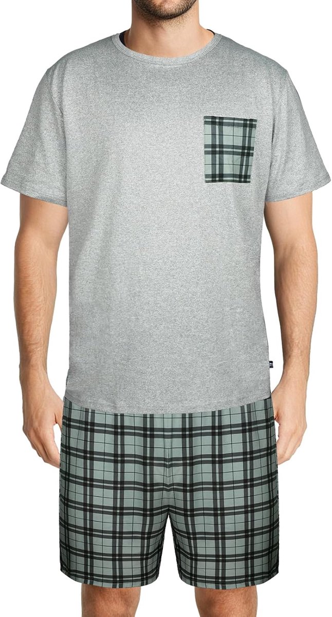 Korte pyjamaset voor heren, top met ronde hals en shorts, zomerloungewear voor heren, zachte tweedelige pyjama met zakken, grijs