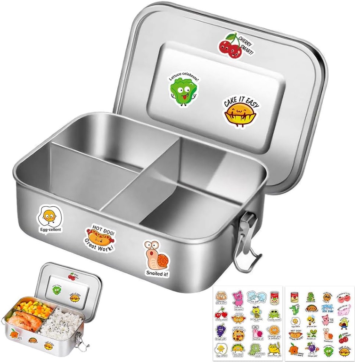 broodtrommel met vakken, 1200 ml lunchbox, bento box voor kinderen, metalen lunchbox, lekvrij met 3 vakken, lunchbox, lekvrij, snackbox, brooddoos voor kinderen en volwassenen