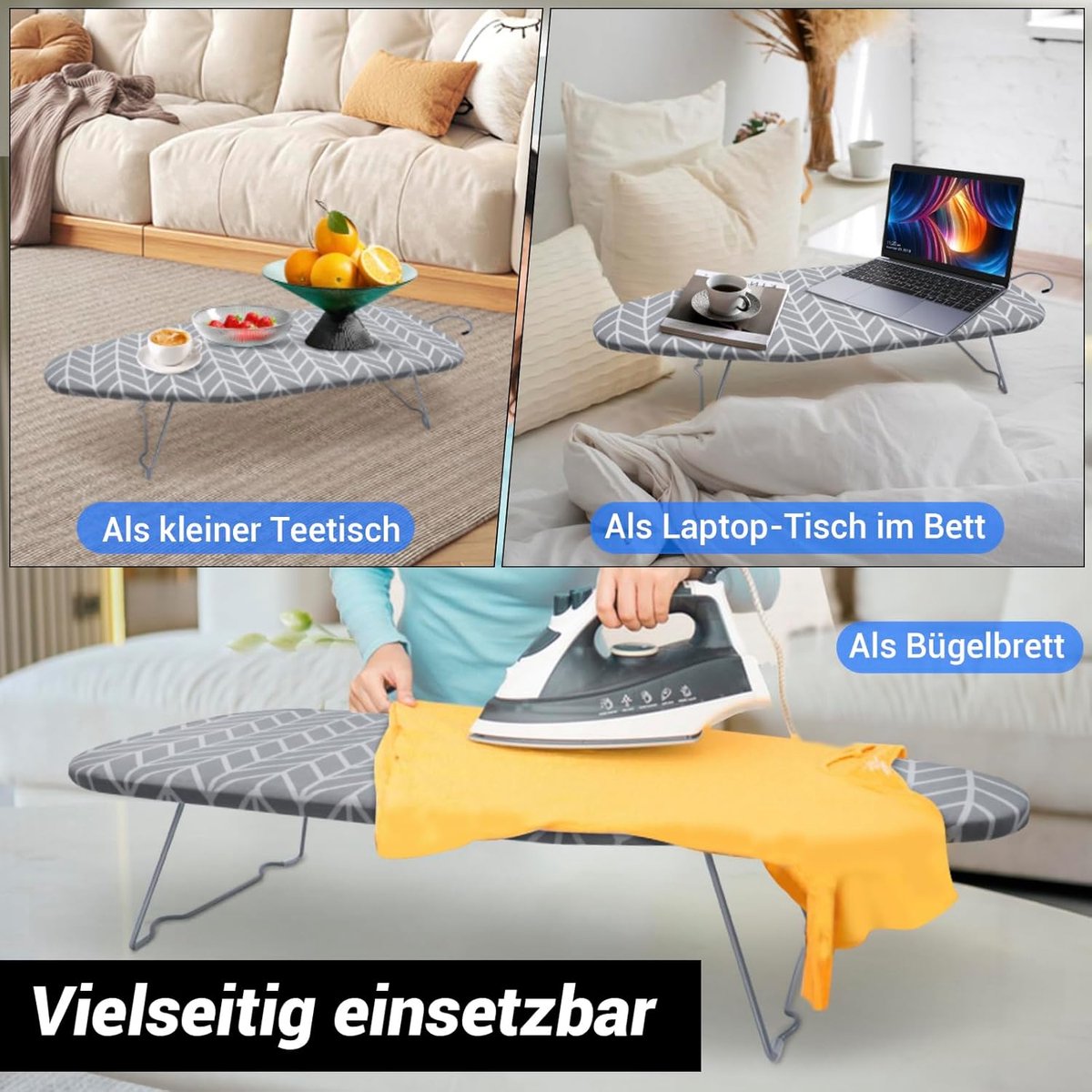 Tafelstrijkplank met haken, 5 mm bekleding en 100% katoenen bekleding, compact strijkstation met metalen roosteroppervlak, ideale oplossing voor kleine ruimtes en bijkeukens