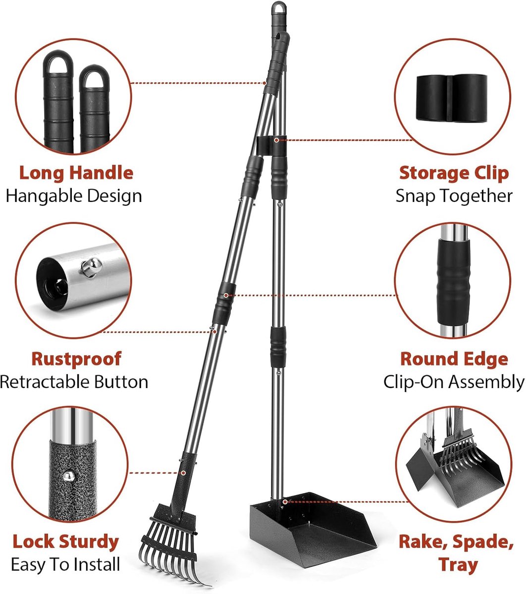 Scooper voor honden, 96CM lange handgreep hondenpoepgrijper lade & hark Afneembare metalen poepschep voor grote, middelgrote, kleine hondenuitwerpselen verwijdering voor gazon, gras