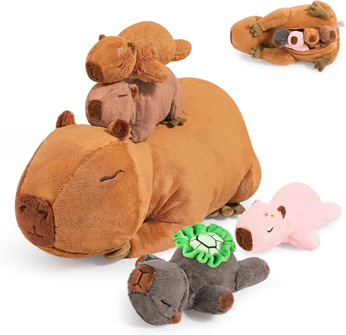 shownicer Knuffeldier, capibara, 5 stuks, Kawaii Capybara, pluche kussen, speelgoed, cadeau voor volwassenen en kinderen van 3 jaar (Capybara-familie)