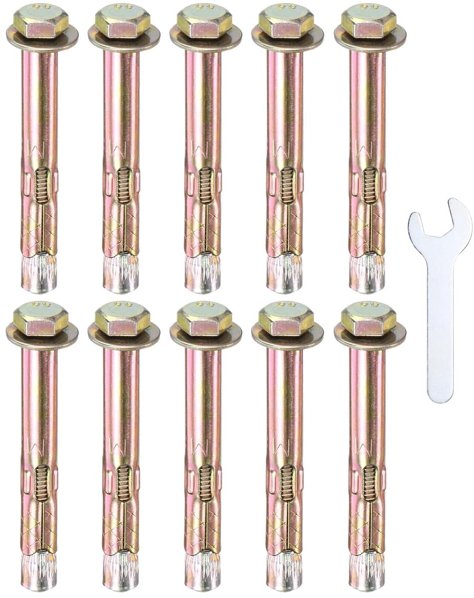 METERXITY 10 stuks zeskantige uitbreidingsschroeven, M6 x 60 mm, verzinkt staal, ijzercarbon, met sleutel van 10 mm, corrosiebestendige metalen bouten voor betonnen wanden/bakstenen/blokken