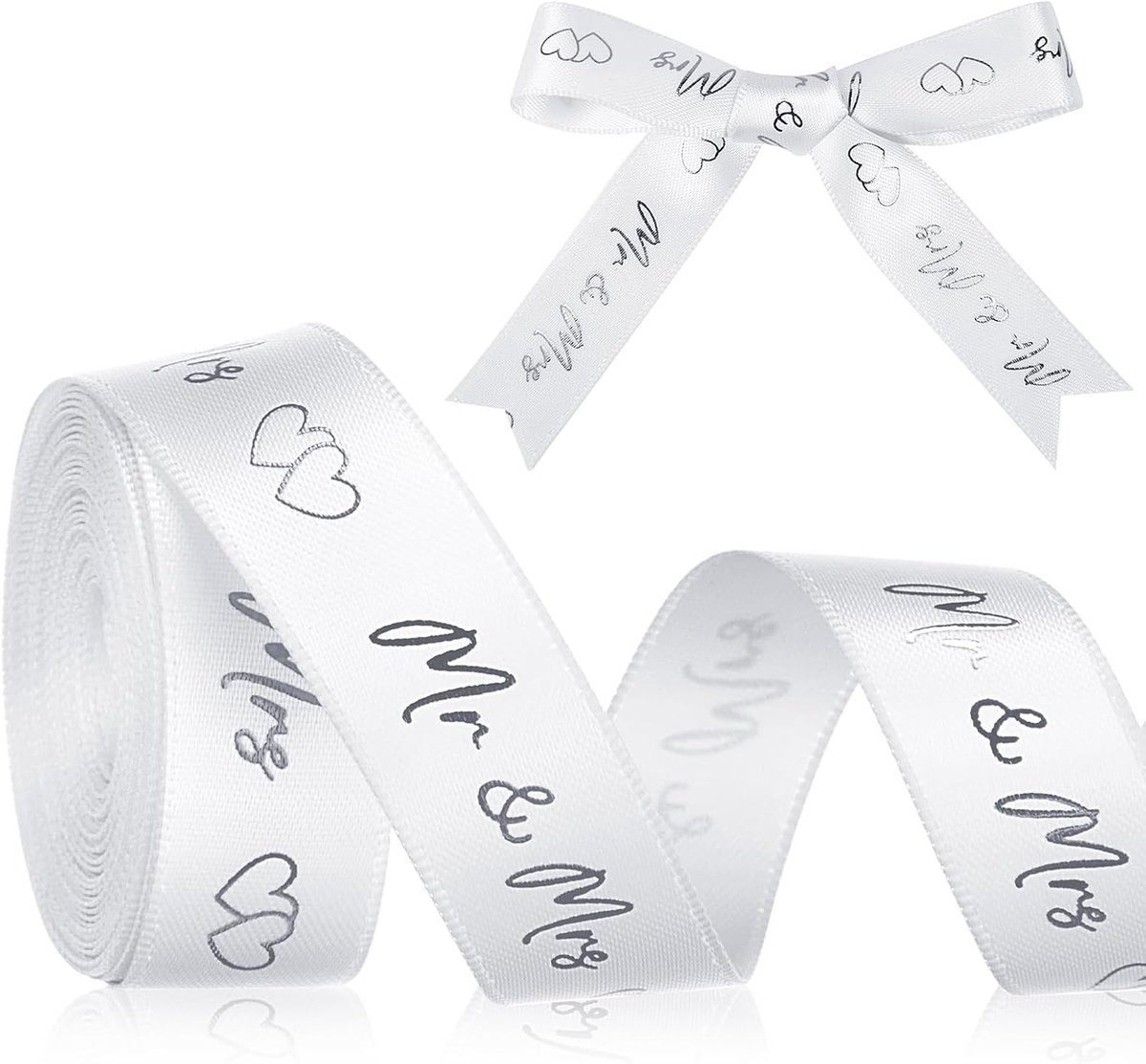 Mr & Mrs Bruiloft Lint Bruiloft Decoratielint Hartvorm voor Bruiloftsdecoratie, Uitnodigingen, Bruidsboeket, Doe-Het-Zelf Geschenkverpakkingen (4,5 m x 15 mm，Zilver)