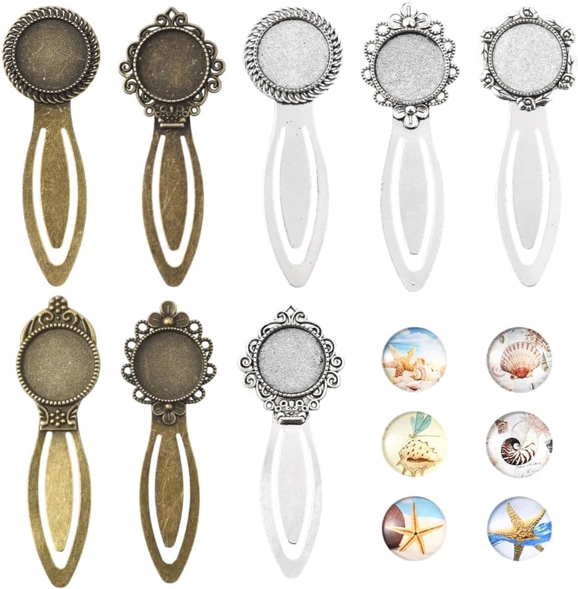 1 Doos DIY 8 Sets Bladwijzer Blanks Bladwijzer Hanger Lade Zomer Oceaan Zee Zeester Glas Cabochons Antiek Zilver Brons Vintage Boekenmerken voor Lezen Crafting Volwassenen Levert