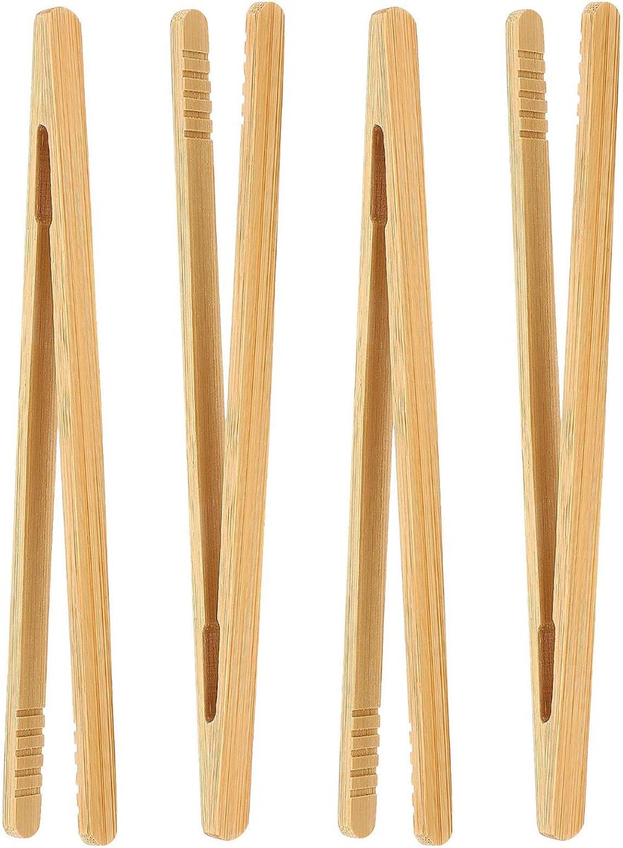tang, 4 stuks, bamboe, keukentang, toast, keukentang, bamboe, keukentang, herbruikbare antislip grilltang, hout, kleine bamboe tang voor keuken, gegrild vlees, gebak, brood