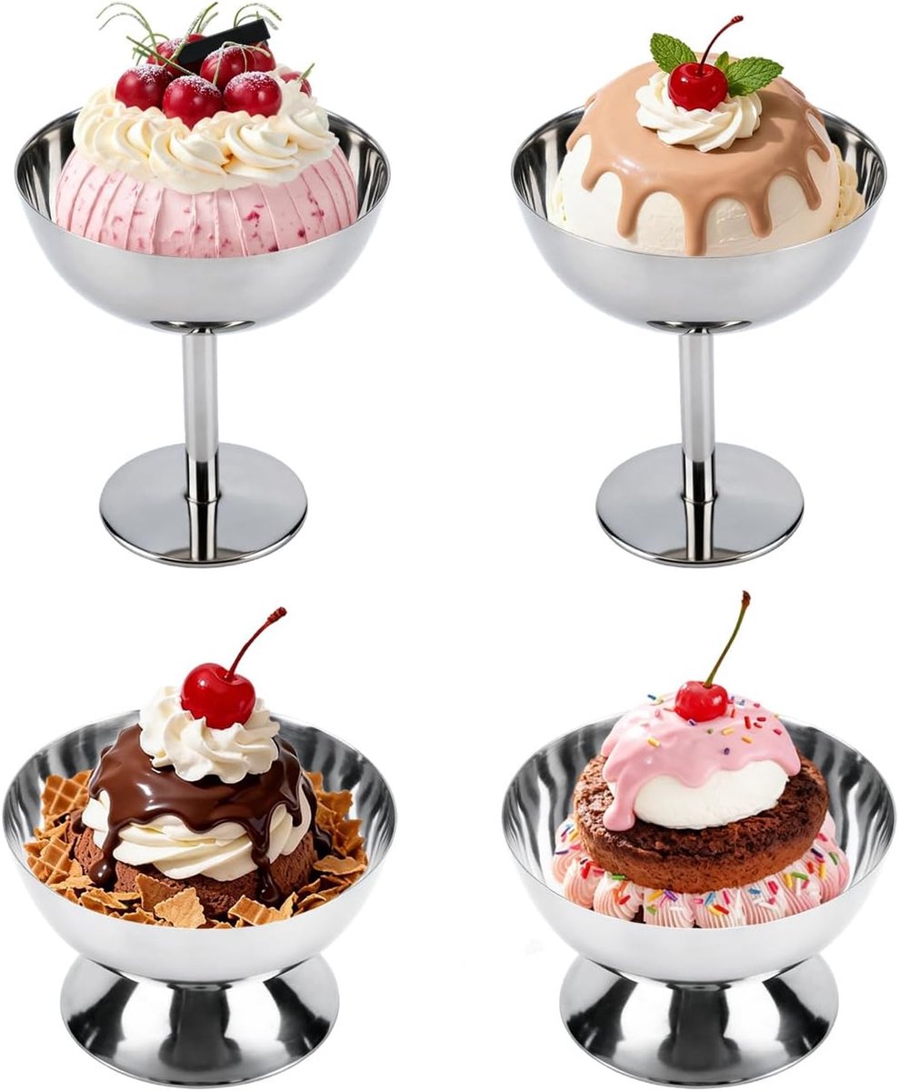 IJskom, 7 oz roestvrijstalen ijsbeker dessertbekers kleine schattige zilveren ijscoupe kom (4, lang+kort)