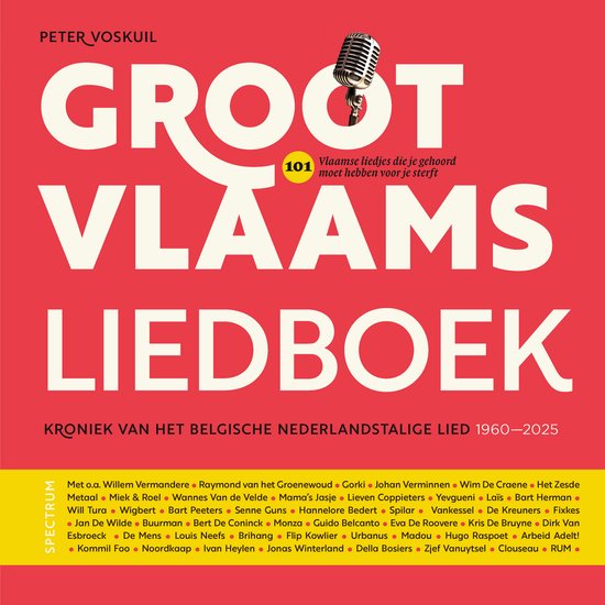 Boekomslag "Groot Vlaams Liedboek" met grote tekst en een microfoon.