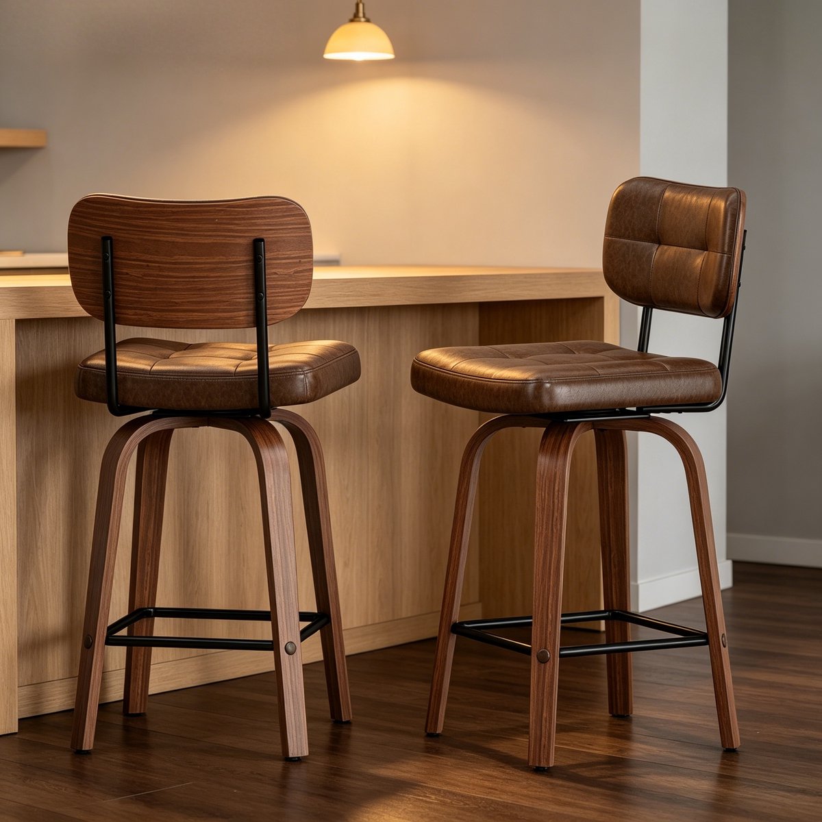 Pugsdrly Barkruk Curve – draaibare PU-gestoffeerde kruk met gebogen houten sikkelvormige rugleuning en metalen frame, 360° draaibaar, set van 2
