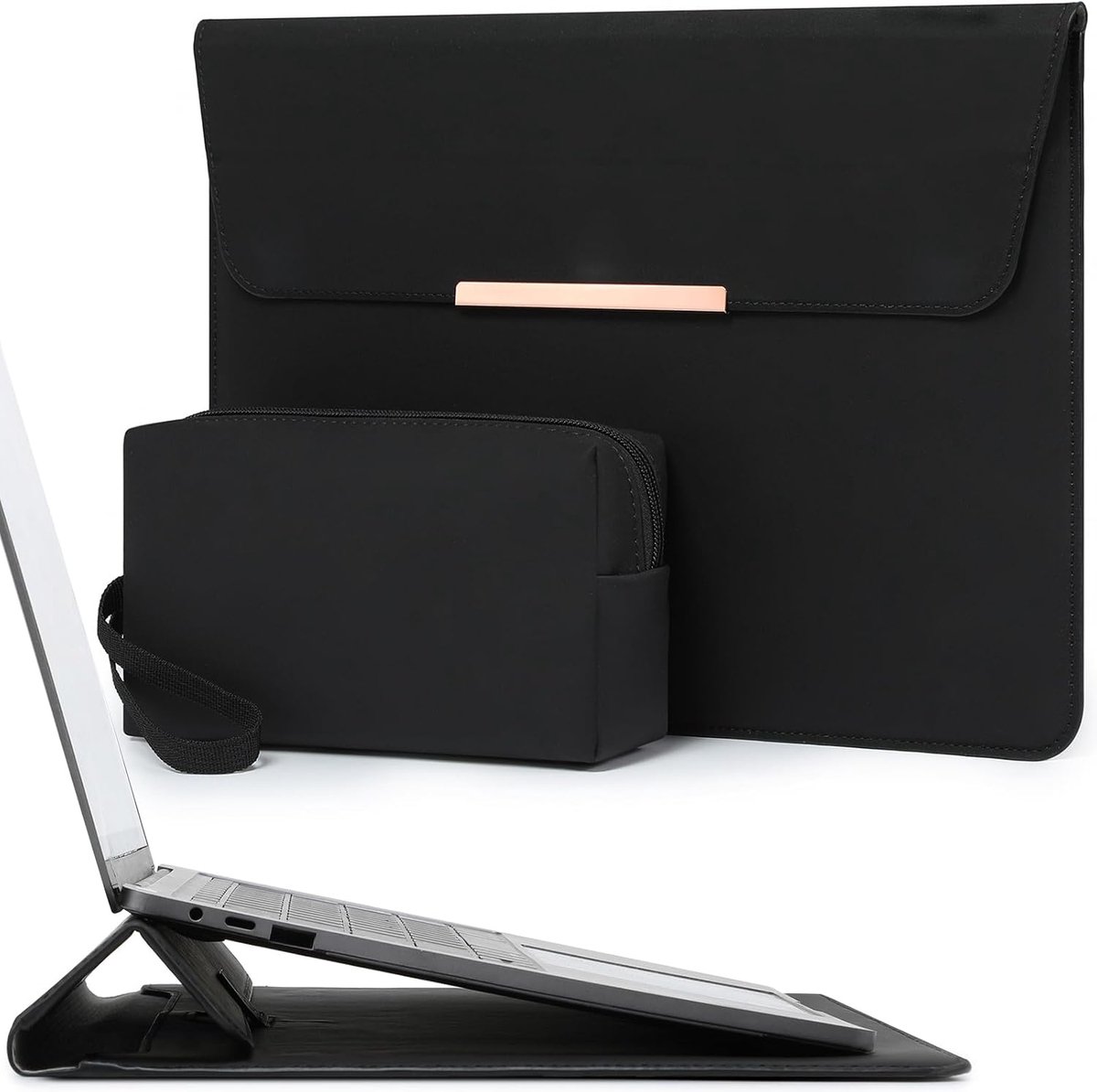 15 Inch Laptophoes Hoes Tas met Standaardfunctie, Zwart | voor MacBook Air 15 M5 A3448 M4 A3241 M3 A3114 M2 A2941 2026-2023, MacBook Pro 15, 15" Surface Laptop 7/6/5/4/3