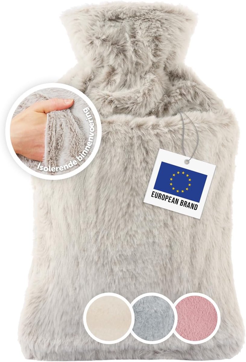 Premium warmwaterkruik met overtrek en tas van zacht kunstbont, warmwaterkruik van natuurlijk rubber, wollige warmwaterkruik met zak voor handen, warmwaterzak, bedfles, bruin