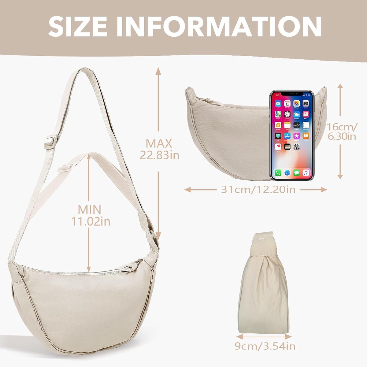 maan tas voor vrouwen, nylon halve maan tassen vrouwen crossbody tas met verstelbare riem, effen kleur knoedel zakken draagbare halve maan portemonnee voor dagelijks gebruik