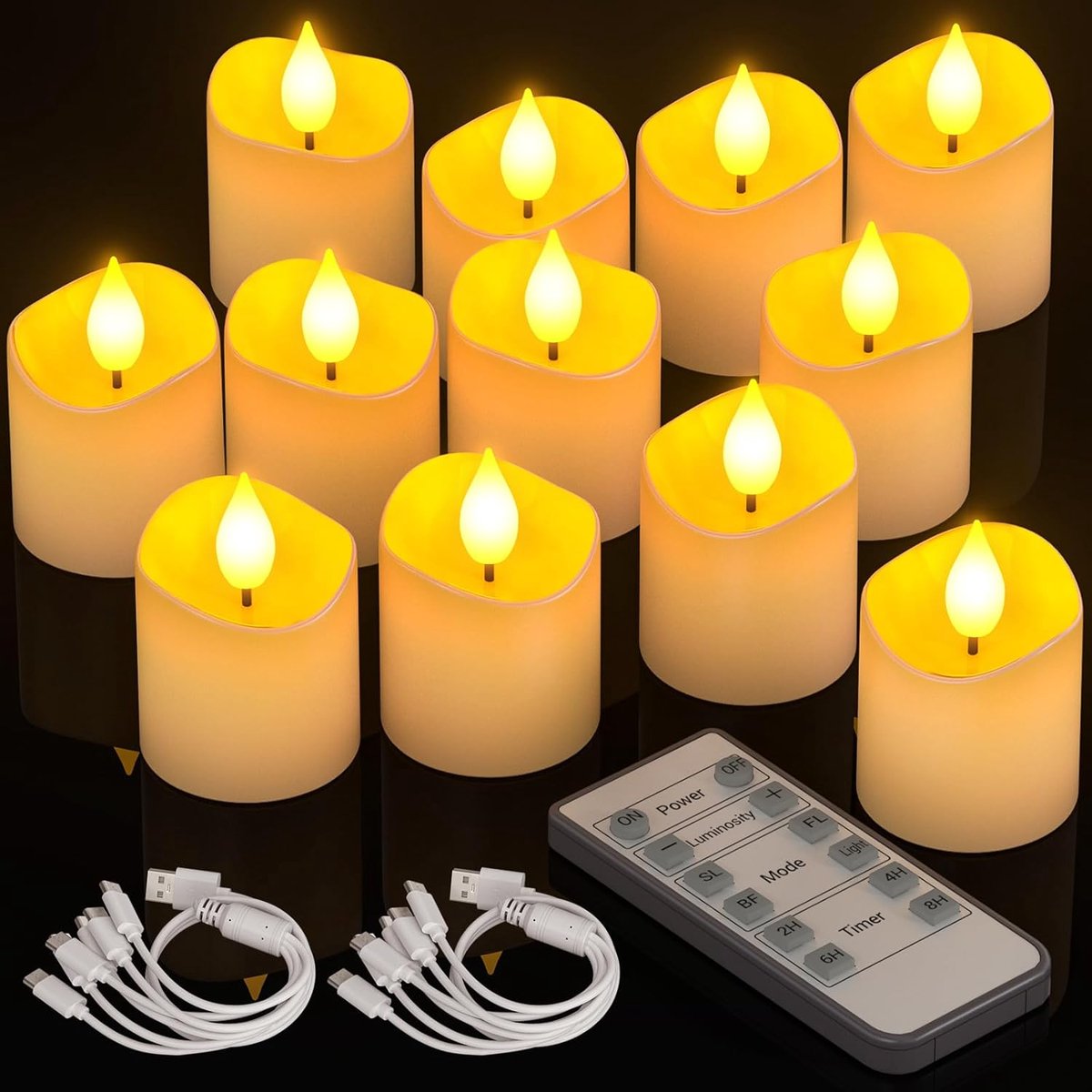Oplaadbare kaarsen met afstandsbediening, 12 stuks LED vlamloze theelichtjes, batterij-aangedreven theelichtkaarsen flikkeren met oplaadkabels voor Halloween, Kerstmis, oudejaarsavond