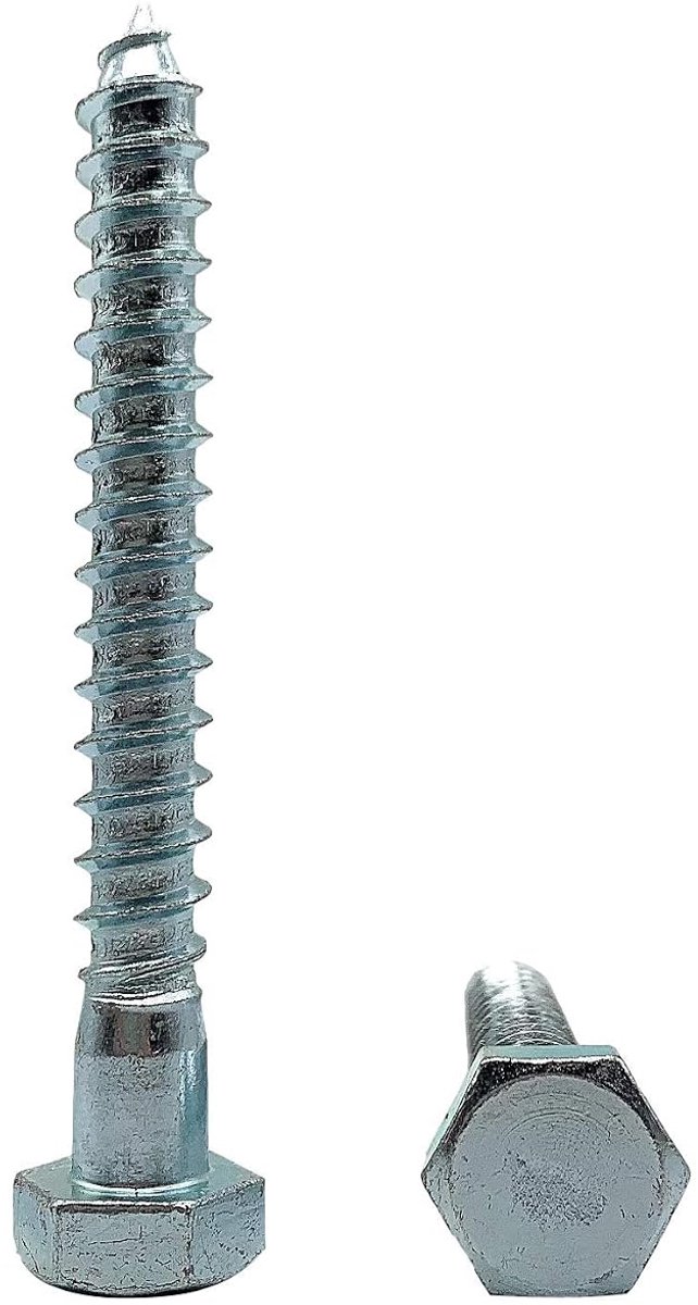(Pack van 10 stuks) DIN 571 verzinkt stalen zeskant houtschroeven M12 x 100 mm, zeskantschroef, achterbouten, zeskantkop, busschroeven (10, M12 x 100 mm)