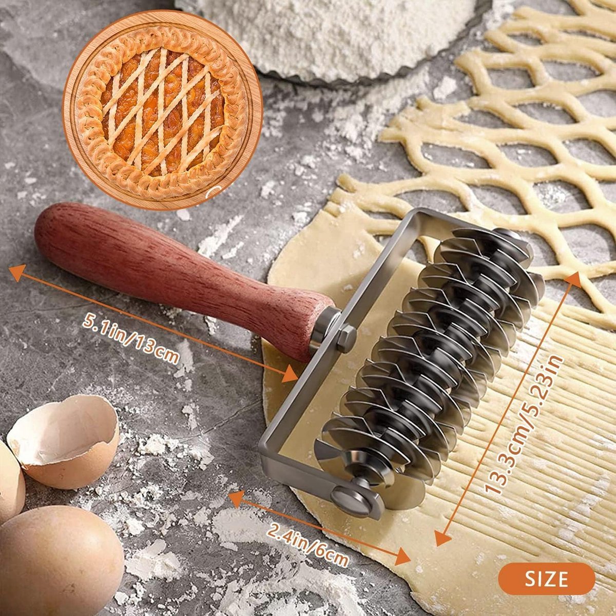 Pizza roosterroller, huishoudelijke roosterdeegroller, rooster-koekjessnijder met houten handvat, handmatige pastamachine, deegsnijder roestvrij staal, bakgereedschap van roestvrij staal voor koekjes
