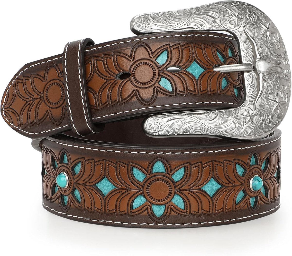 Vintage leren riem voor dames, western cowgirl, retro, turquoise, landriem voor jeans, broeken, jurken