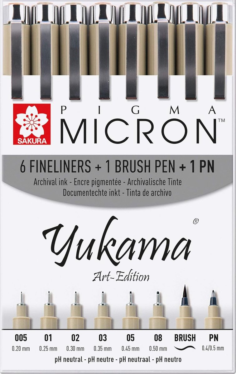 SnelShoppen - Sakura Pigma Art-Edition 8-delige set fineliners en brush pen, zwart, 6 micron pennen, 1 brush pen, 1 PN pen, voor kunst, handlettering