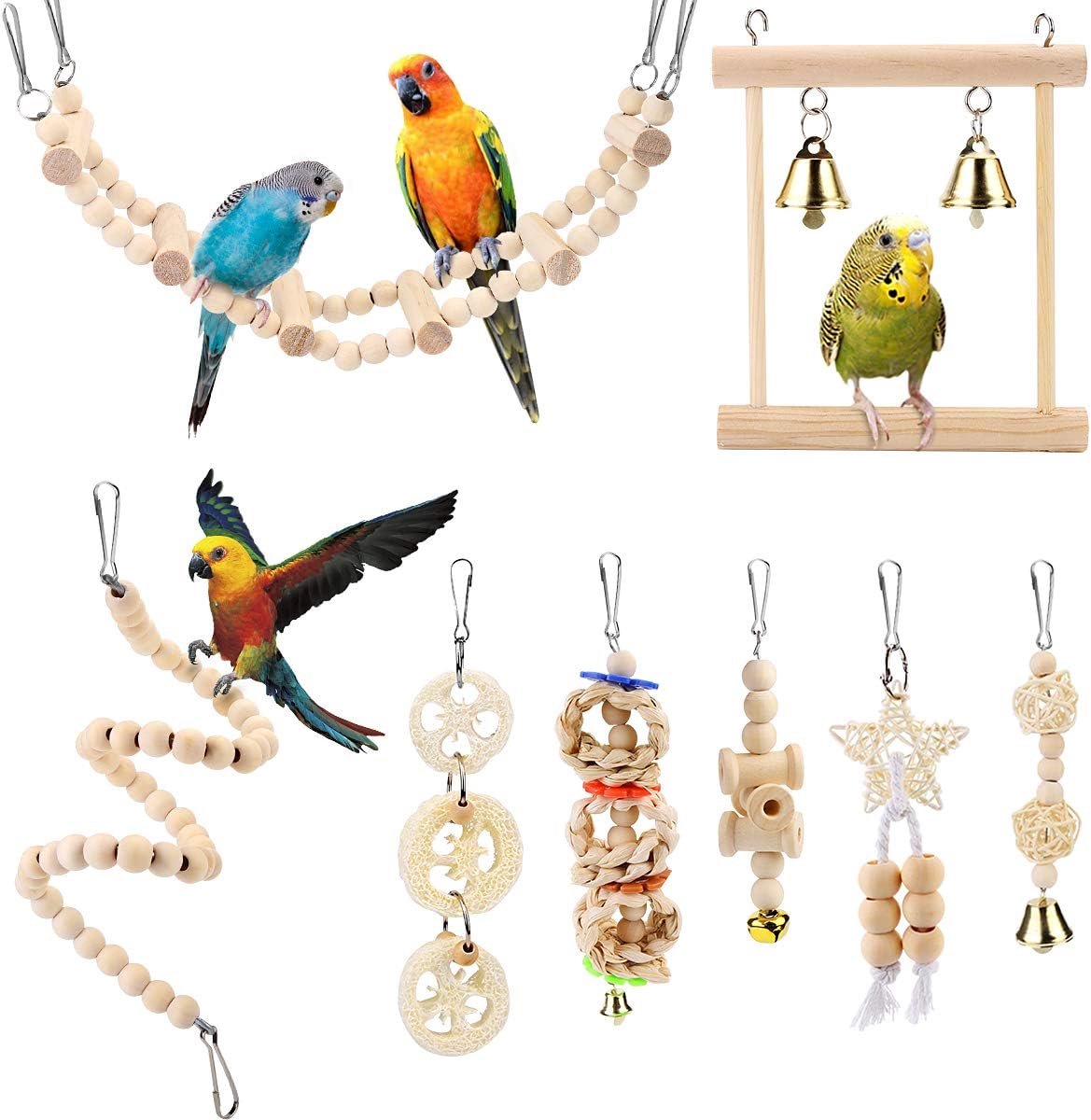 Speelgoed voor vogels, set van 8, houten ladder met landingsplaats, voor in de vogelkooi, accessoires voor parkieten, papegaaien, grijze papegaaien, valkparkieten, vinken, kaketoe‘s, ara‘s