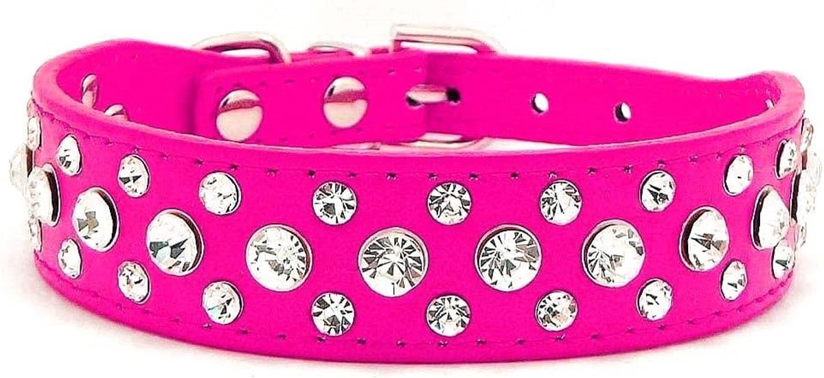 Hondenhalsband van kunstleer met strass-steentjes, maat L, roze