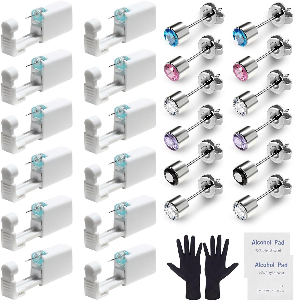 Set van 7 piercingpistolen, roestvrij staal, wegwerp, lichaamspiercing pistool (oor, buikknop, tong, wenkbrauw, lip, neus)