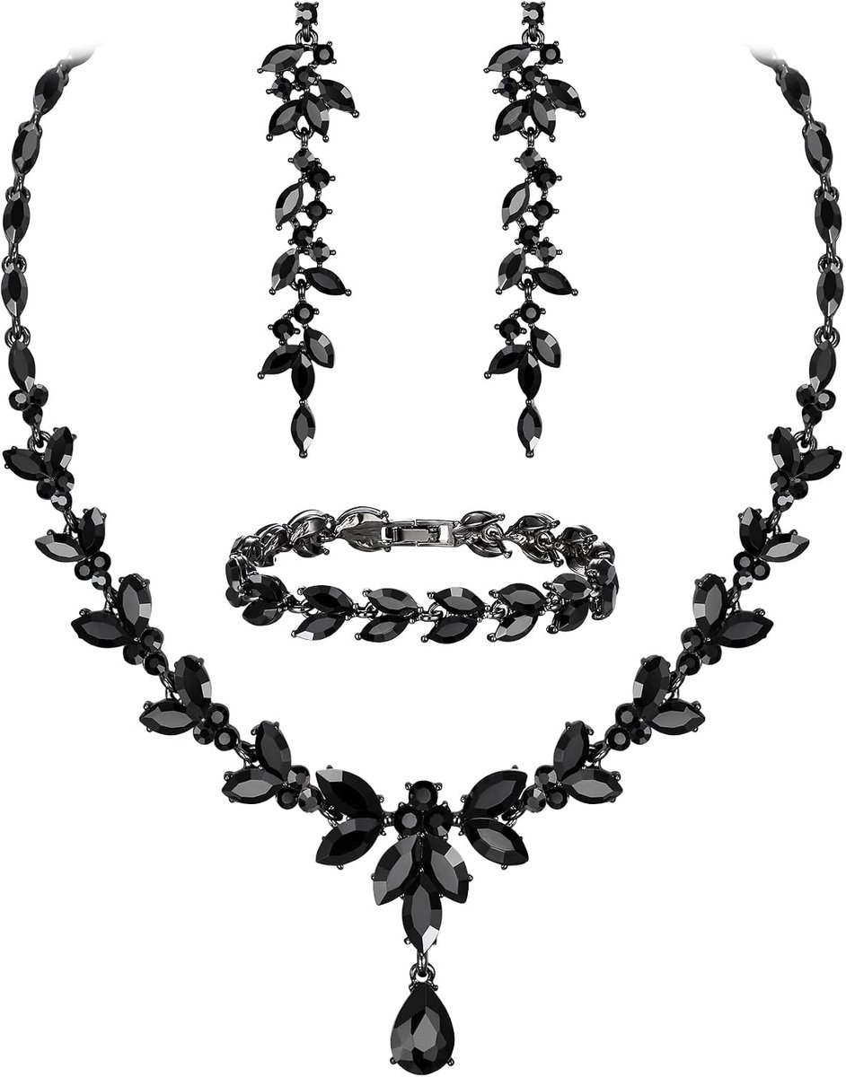FAITH Bruidssieradenset met Oostenrijkse kristallen, elegante ketting met marquise strass bladeren en bijpassende hangende oorbellen en tennisarmband