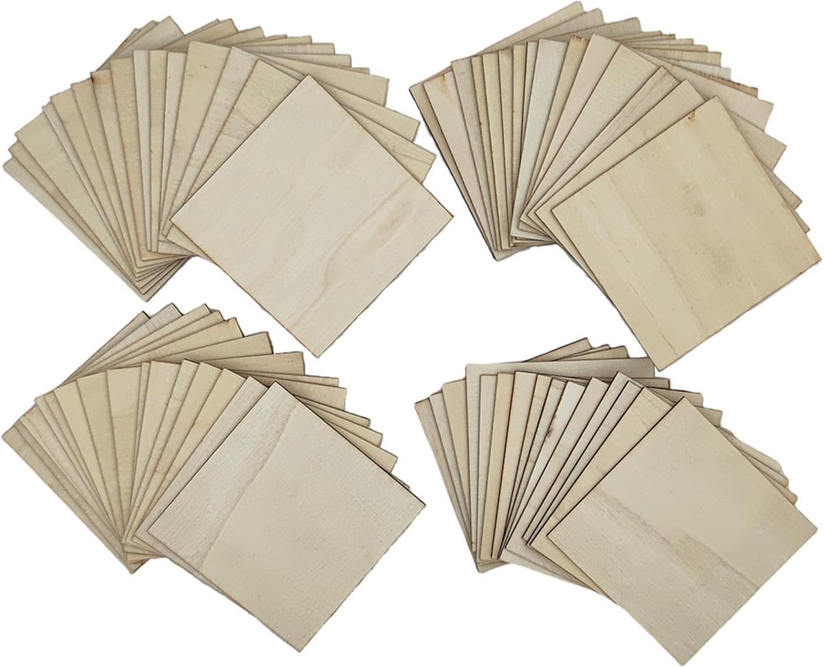 Onafgewerkte multiplexplaten, vierkante houten platen van 10 x 10 x 0,2 cm, grashouten platen voor doe-het-zelf ambachten, schilderen, graveren