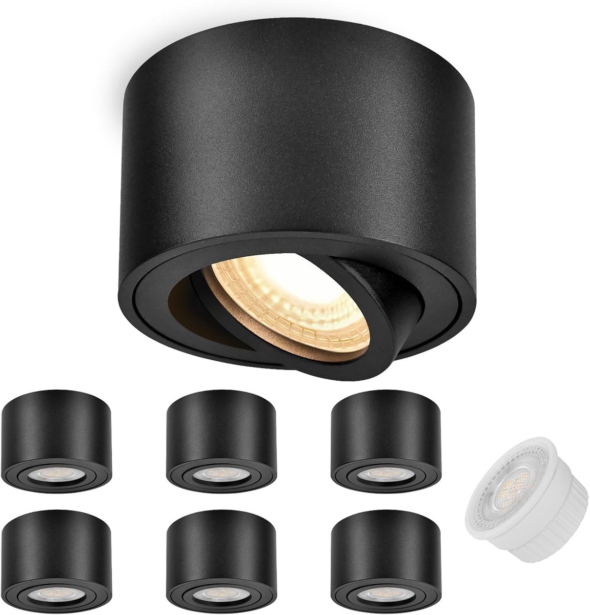 6x LED opbouwspot Zwart - Extra vlak & 38° draaibaar - Ø80x50mm opbouw plafondlamp - 5W 3000K LED-module 230V - plafondspot opbouwspot